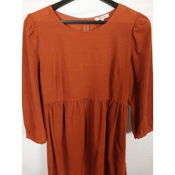 Madewell Corduroy Puff-Sleeve Mini Dress Burnt Orange Pockets  Sz L - Picture 5 of 14